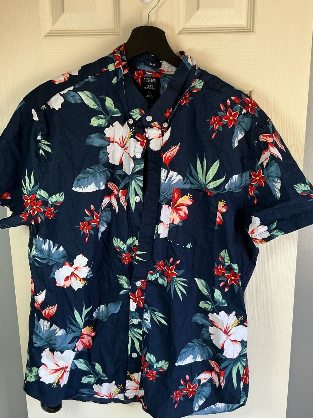 J. Crew Navy Floral Short-Sleeve Button-Down Shirt with Red and White Blooms